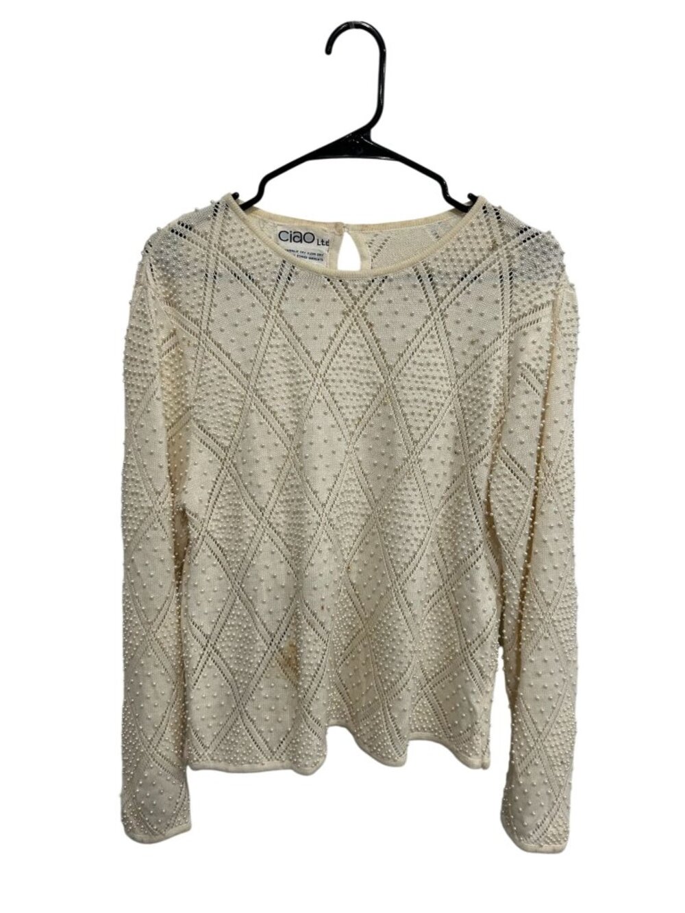 Ciao Ltd 10 Vintage Beaded Cream Keyhole Back Knit Sweater Cozycore Academia